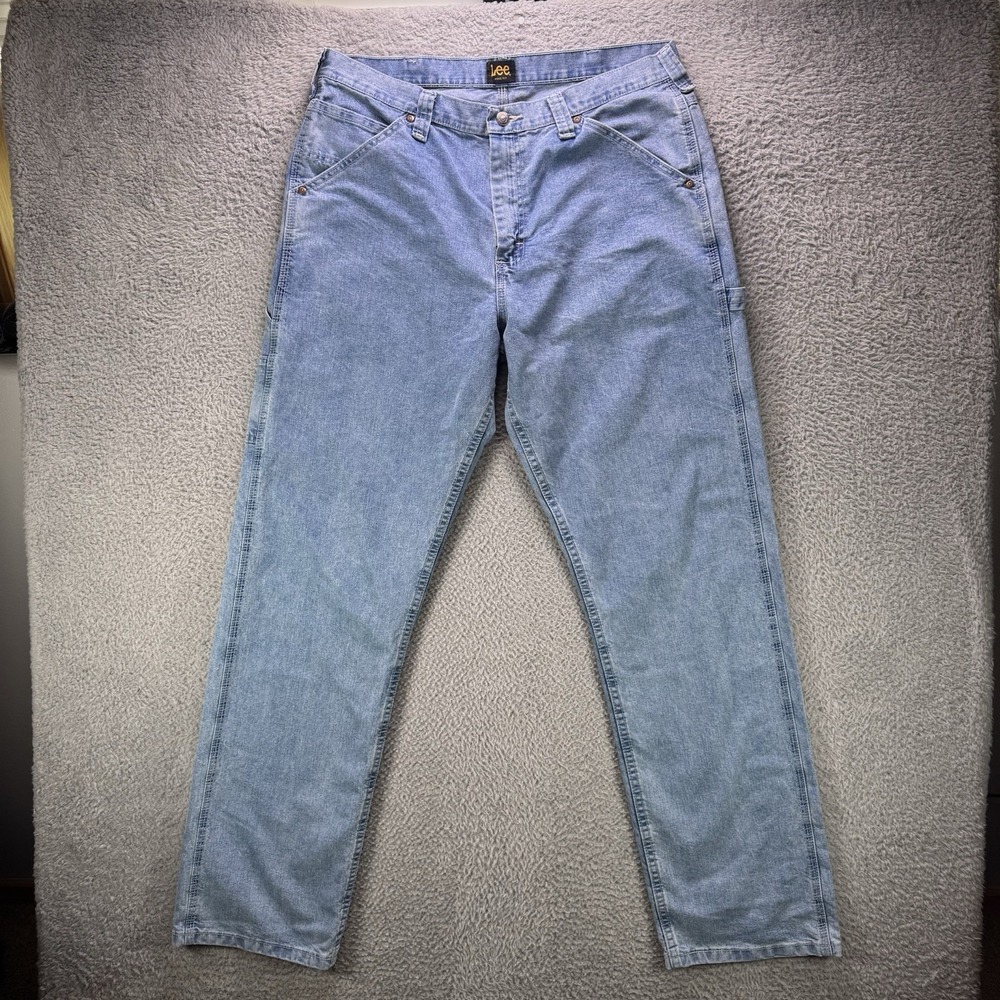 Vintage LEE Carpenter Jeans Mens 35x34 Blue Faded Y2K Baggy Straight Dungarees - Picture 3 of 13